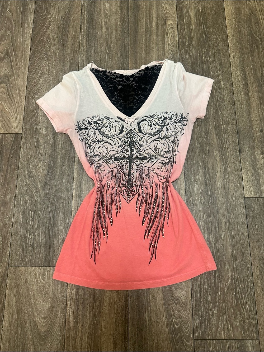 Vocal Ombre Pink V-Neck Tee with Black Cross Graphic